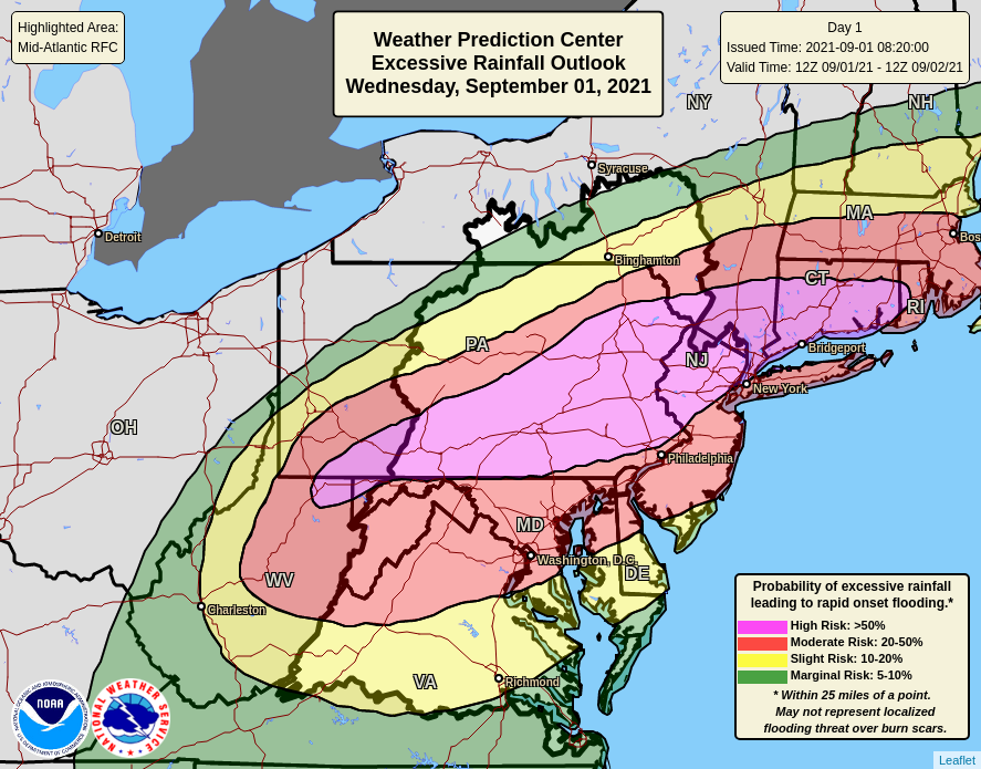 NWSMARFC's tweet photo. ⚠️ A LARGE and RARE *HIGH* risk for excessive rainfall has been issued by our colleagues @NWSWPC  The expected #rain could produce dangerous flooding in a large area of the Mid-Atlantic basin. Never drive through flooded roads! ⚠️ #TADD #PAwx #MDwx #WVwx #VAwx #DEwx #NYwx #NJwx https://t.co/LzAv09h4Jb