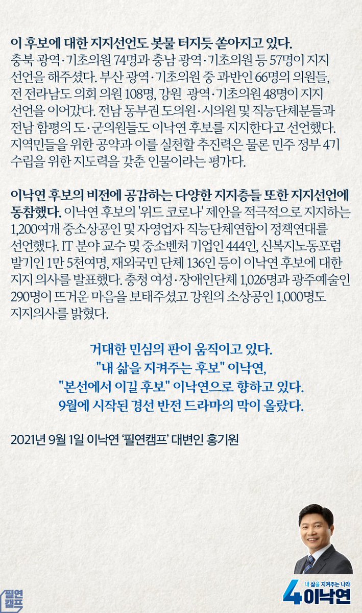 <대변인 논평 "움직이는 바닥 민심, 이낙연 후보로 향한다">

판이 흔들리고 있다. 이낙연 후보가 경선 행보에서 보인 '준비된 후보'의 품격은 상승세에 날개를 달고 있다. 매일 의혹이 터져 나와 민주당의 대선 승리에 리스크가 되고 있는 불안한 후보와 대비되고 있다. blog.naver.com/21nylee/222491…