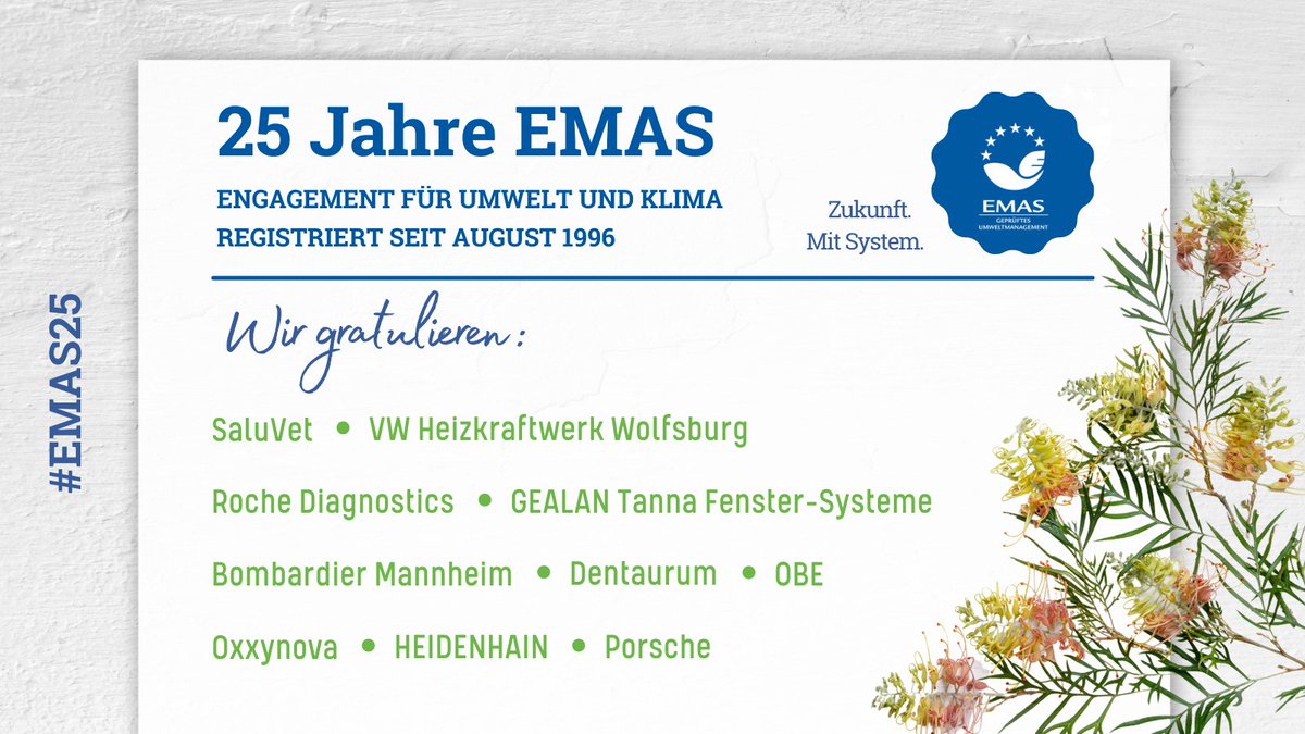 EMAS_Germany's tweet photo. Wir freuen uns über Ihr langjähriges Engagement für Klima und Umwelt und gratulieren zu 25 Jahren EMAS! 
#EMAS25
@VWGroup
@Roche_de
@AlstomGermany
@Porsche_Europe https://t.co/9HDTkSerDm
