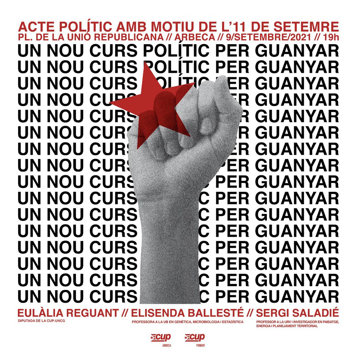 ❗Acte polític en motiu de la Diada❗

Aquest 9 de setembre la CUP Ponent iniciem un nou curs polític per guanyar amb <a href="/aramateix/">Eulàlia Reguant Cura</a>, 
<a href="/saladiesergi/">Sergi Saladié</a> i Elisenda Ballesté de <a href="/CUPArbeca/">CUP Arbeca</a>.

📆 Dijous 9 de setembre
⏰ 19h
📌 Arbeca, pl. de la unió republicana.