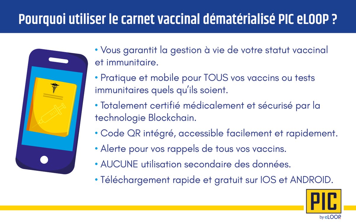 PicEloop's tweet photo. [PIC eLOOP] 
Le carnet vaccinal dématérialisé pour tous vos vaccins, tests immunitaires, sérologies 💉
#carnetvaccinal #santé #vaccin #innovation https://t.co/pGpbzTGcn6
