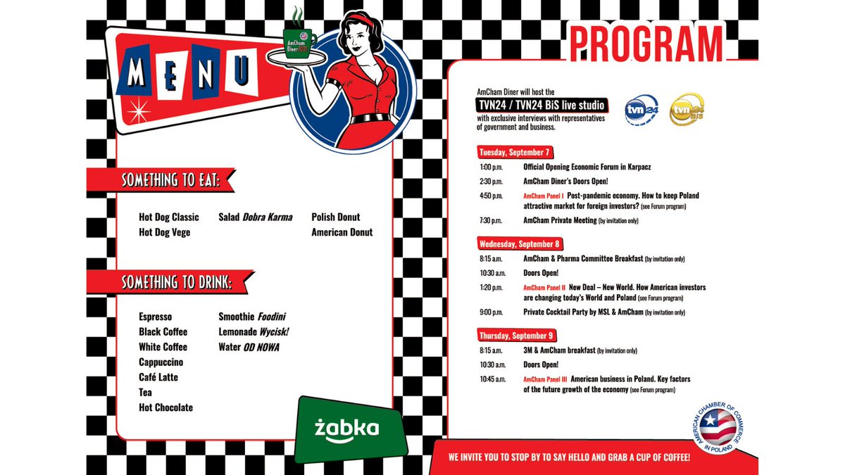AmChamPoland's tweet photo. AmCham Poland is pleased to be a partner of the @Economic_Forum_, held in #Karpacz this year.

Join us for a @ZabkaPolska coffee and catering at the AmCham Diner. We will also host the @tvn24 / @TVN24BiS live studio with exclusive government and business representative interviews https://t.co/KgtA7XbmjC