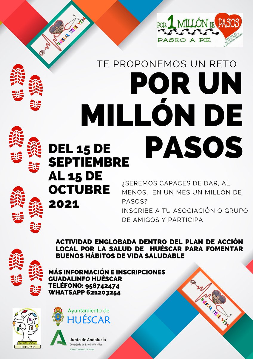 Arrancamos #Septiembre con energía 
Reto por un millón de pasos ¿Te atreves???? huescarsaludable.es
#Porunmiloindepasos #reto #Huéscar #Huéscarsaludable #SaludHuéscar #Salud <a href="/AndaluciaRELAS/">RELAS - Red Local de Acción en Salud de Andalucía</a> @GranadaRelas <a href="/SaludNordesteGr/">Área Sanitaria Nordeste de Granada</a> <a href="/RedGuadalinfo/">Vuela Guadalinfo</a> <a href="/TicSaludenRed/">TicSaludenRed</a>