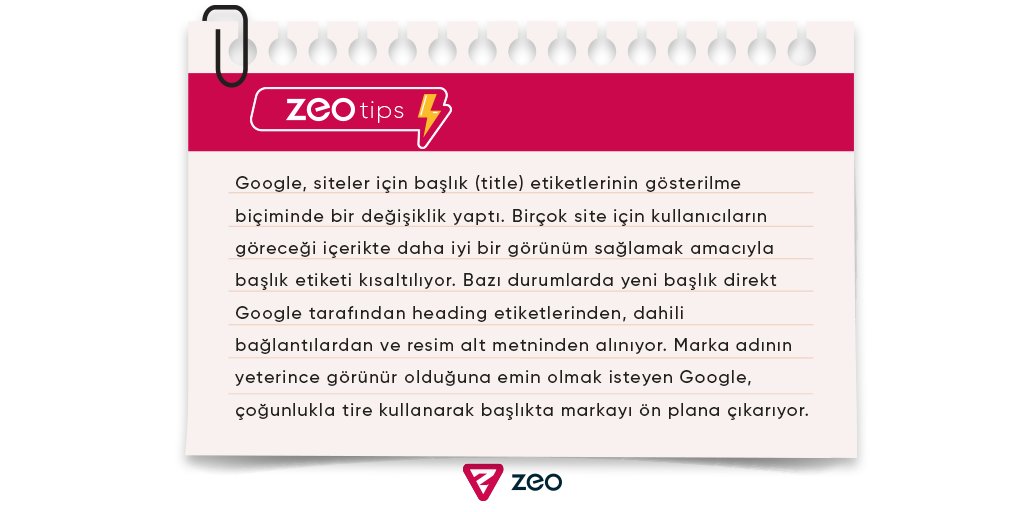 zeoagency's tweet photo. 📌 Google'ın 17-18 Ağustos tarihlerinde bir değişikliğe giderek web sitelerindeki başlık etiketlerini arama motoru sonuçları sayfalarında başlık olarak kullanmaya başladığını biliyor musunuz?

#titletag #headingtag #google #zeotips https://t.co/O7L3jXmR2J