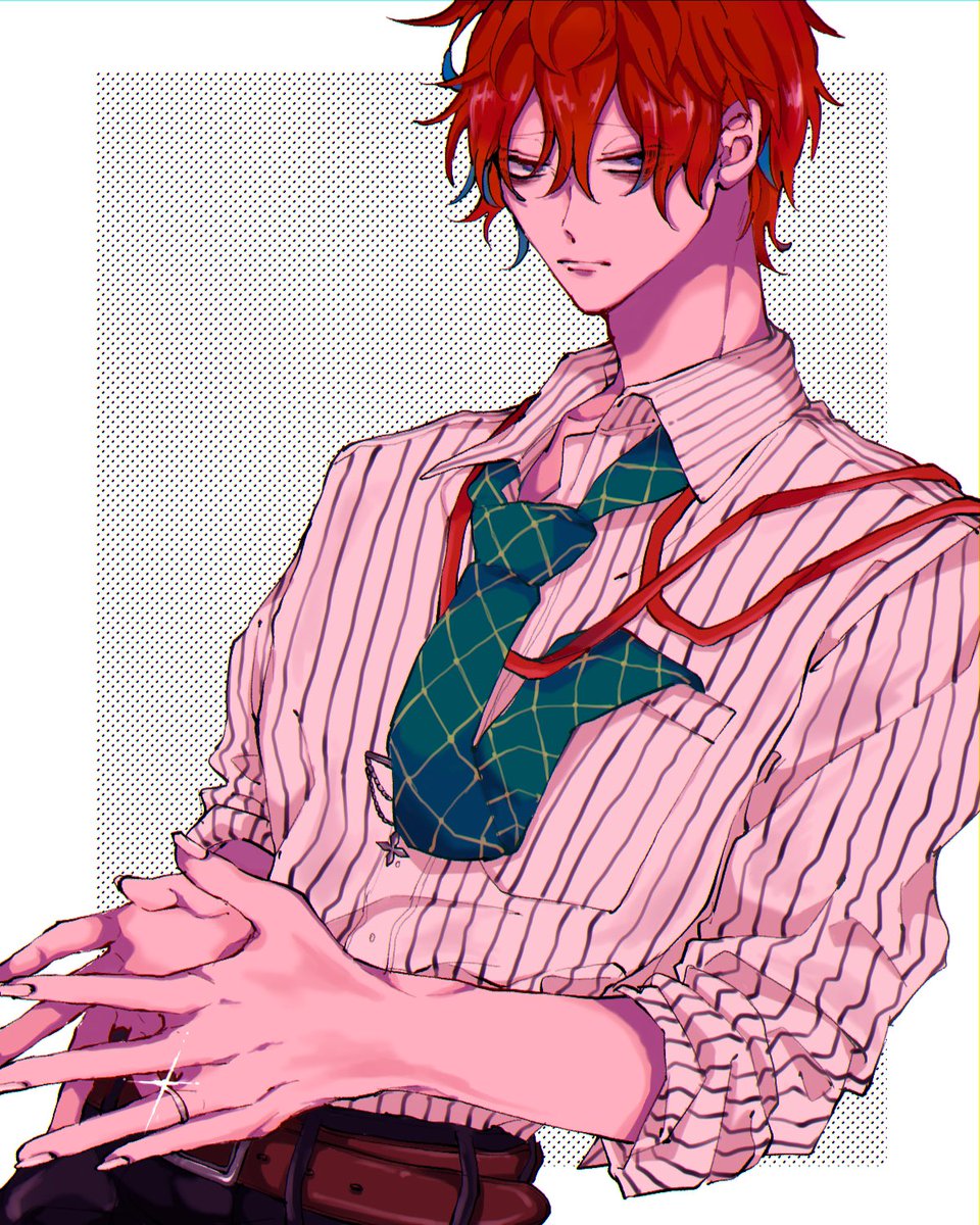 1boy male focus solo necktie shirt belt red hair  illustration images