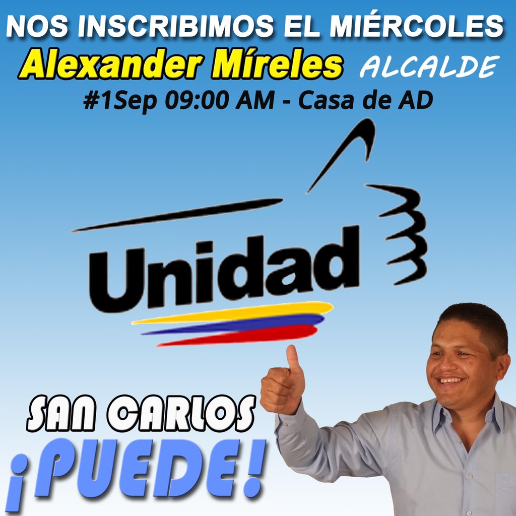 ArturoC69755641's tweet photo. #Cojedes|6:55am| Hoy es la concentración en la casa de Acción Democrática desde las 10 de la mañana, partidos políticos de La Unidad inscriben a su candidato @alexandermirele ante en Consejo Nacional Electoral (CNE).#sep01. @CarlosBorjas @Juanjosanoja @pedroluisanchez. https://t.co/ieSvo8LKDA