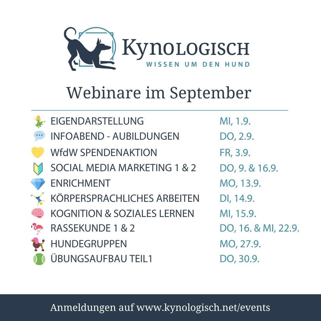 Wir haben einen adretten Monatsüberblick unserer Webinar-Angebote erstellt, ganz ohne Spam und überlasteten Newsfeed: KynoLogisch &amp; Chill im September! 💙

Alle Buchungen über kynologisch.net/events
