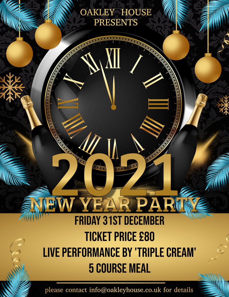 🎉🎊 NOW TAKING BOOKINGS FOR NYE 2021🎊🎉 

• £80pp 

• Inclusive of Reception Drink, 5 course meal, Wine on Table &amp; a live performance by 'TRIPLE CREAM' 

• Doors open 6pm/Carriages 1am 

• Please contact us in the Office for more details