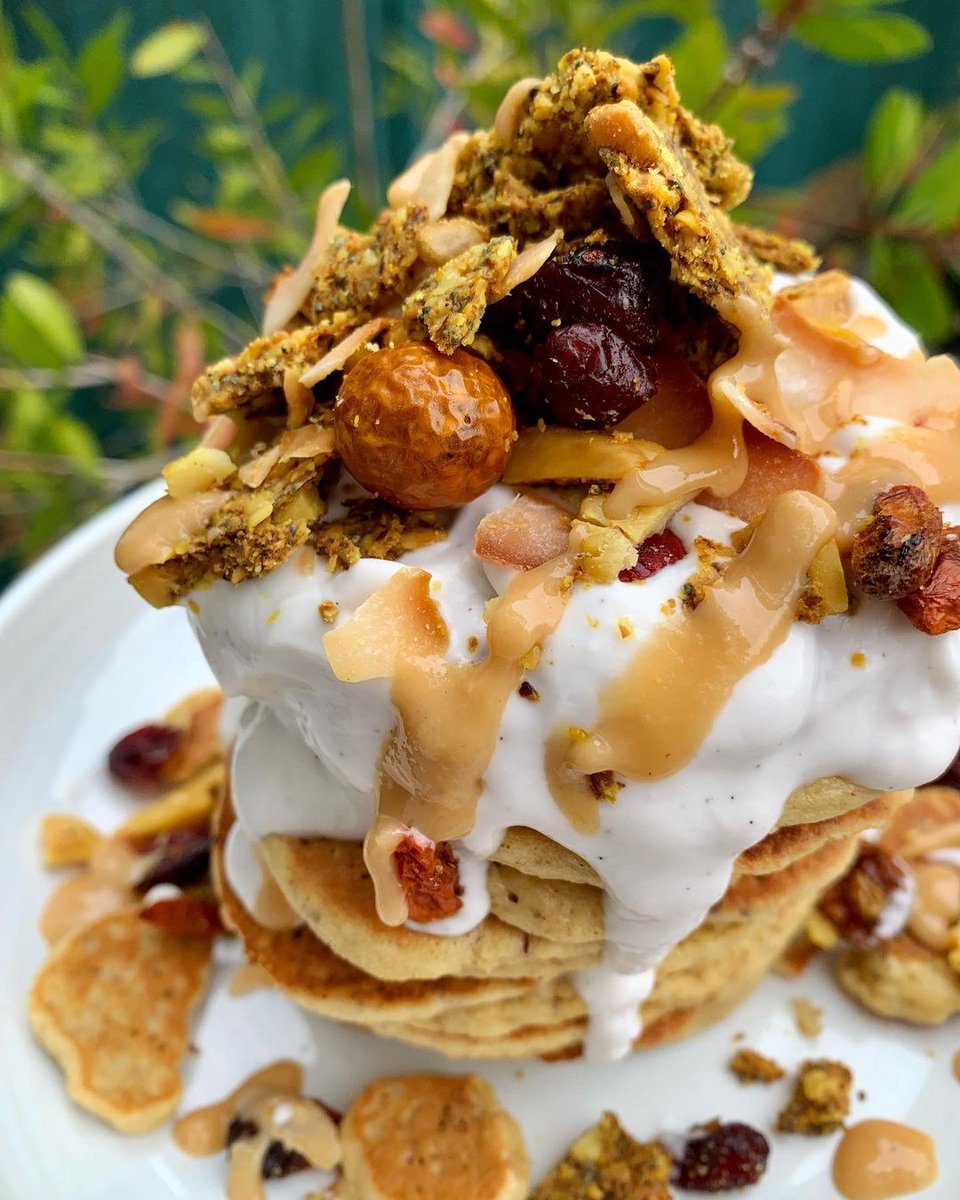 Pancake 🥞 Tower by @rose.kitchen.chronicles

This fat stack is topped with vanilla coconut yogurt, with my turmeric grain-free granola on top. OH and a drizzle of the best macadamia butter in the world.