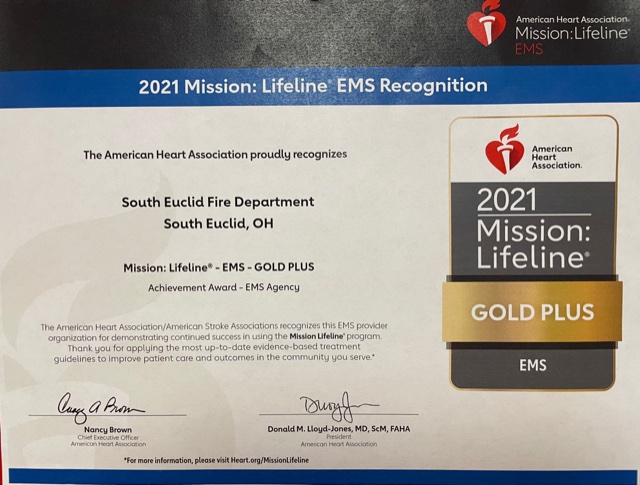 he South Euclid FD is a part of an elite group of prehospital agencies recognized by the American Heart Association. We just received the Mission Lifeline: EMS Gold Plus award for adhering to national standards in cardiac care.