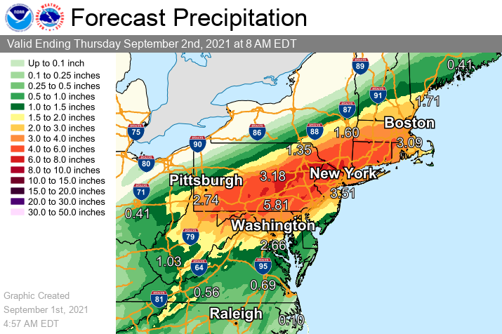 NWSWPC's tweet photo. Significant &amp; life-threatening flooding is forecast across the Mid-Atlantic into southern New England today ahead of T.D. Ida. 3-8 inches (with locally higher amounts) of rainfall will lead to widespread major flood impacts, especially in urban areas and areas of steep terrain. https://t.co/jJ2mWcVcMl