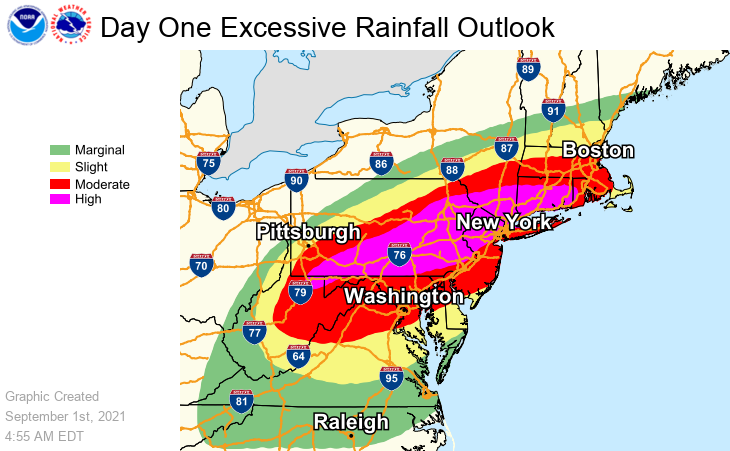 NWSWPC's tweet photo. Significant &amp; life-threatening flooding is forecast across the Mid-Atlantic into southern New England today ahead of T.D. Ida. 3-8 inches (with locally higher amounts) of rainfall will lead to widespread major flood impacts, especially in urban areas and areas of steep terrain. https://t.co/jJ2mWcVcMl