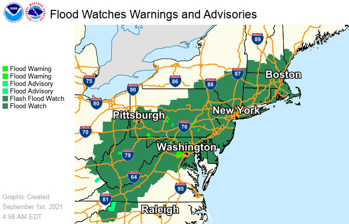 NWSWPC's tweet photo. Significant &amp; life-threatening flooding is forecast across the Mid-Atlantic into southern New England today ahead of T.D. Ida. 3-8 inches (with locally higher amounts) of rainfall will lead to widespread major flood impacts, especially in urban areas and areas of steep terrain. https://t.co/jJ2mWcVcMl