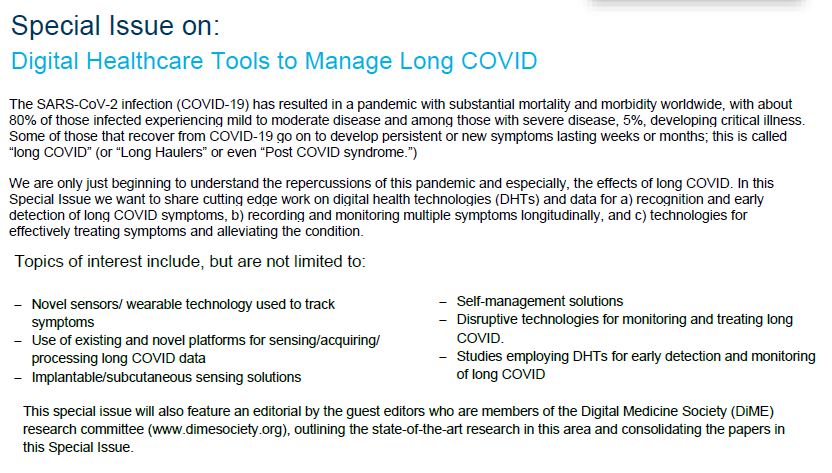 There is still time to submit to our interesting and timely Special Issue on Digital Healthcare Tools to Manage Long COVID. Candidates have until 1st October to submit their papers, don't miss out ow.ly/MsDU50FsoM0 #COVID19 #LongCovid #HealthcareTechnology
