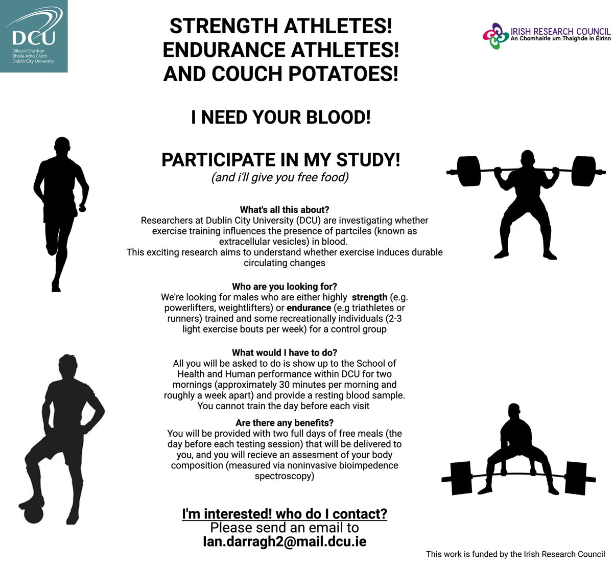 We're still looking for endurance and strength trained males for our study investigating the effects of exercise training on extracellular vesicles! Very low time commitment (<60 minutes total) and you get free food! please RT/share and contact me if interested! @dcu_shhp