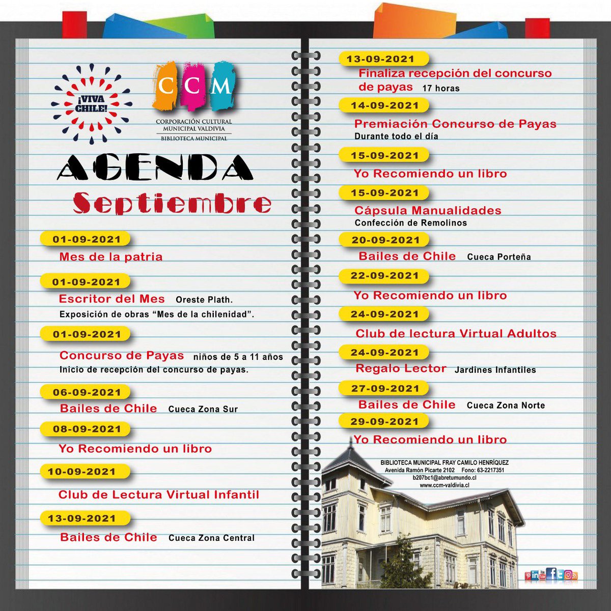 Revisa aquí las principales actividades preparadas por la <a href="/bibliotecavaldi/">Biblioteca valdivia</a> para este mes de septiembre. Más informaciones al (63) 2217351 <a href="/culturaslosrios/">Culturas Los Ríos</a> <a href="/munivaldivia/">MuniValdivia</a> @eligecultura <a href="/MunicipalVald/">Teatro Municipal Val</a> <a href="/INJUVLosRios/">INJUV Los Ríos</a> #ValdiviaCL