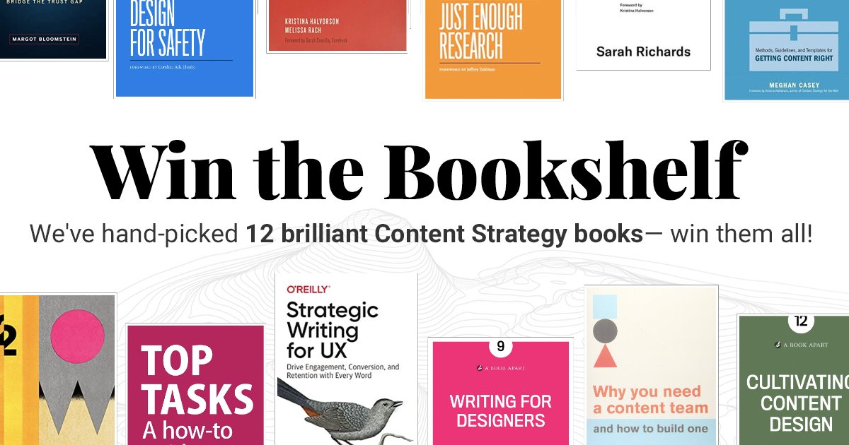 We've organised a fun giveaway! 🥳

You can enter to win 'The Content Strategy Bookshelf'— all 12 of these incredible books (see thread):

workingincontent.com/bookshelf 📚🧵👇