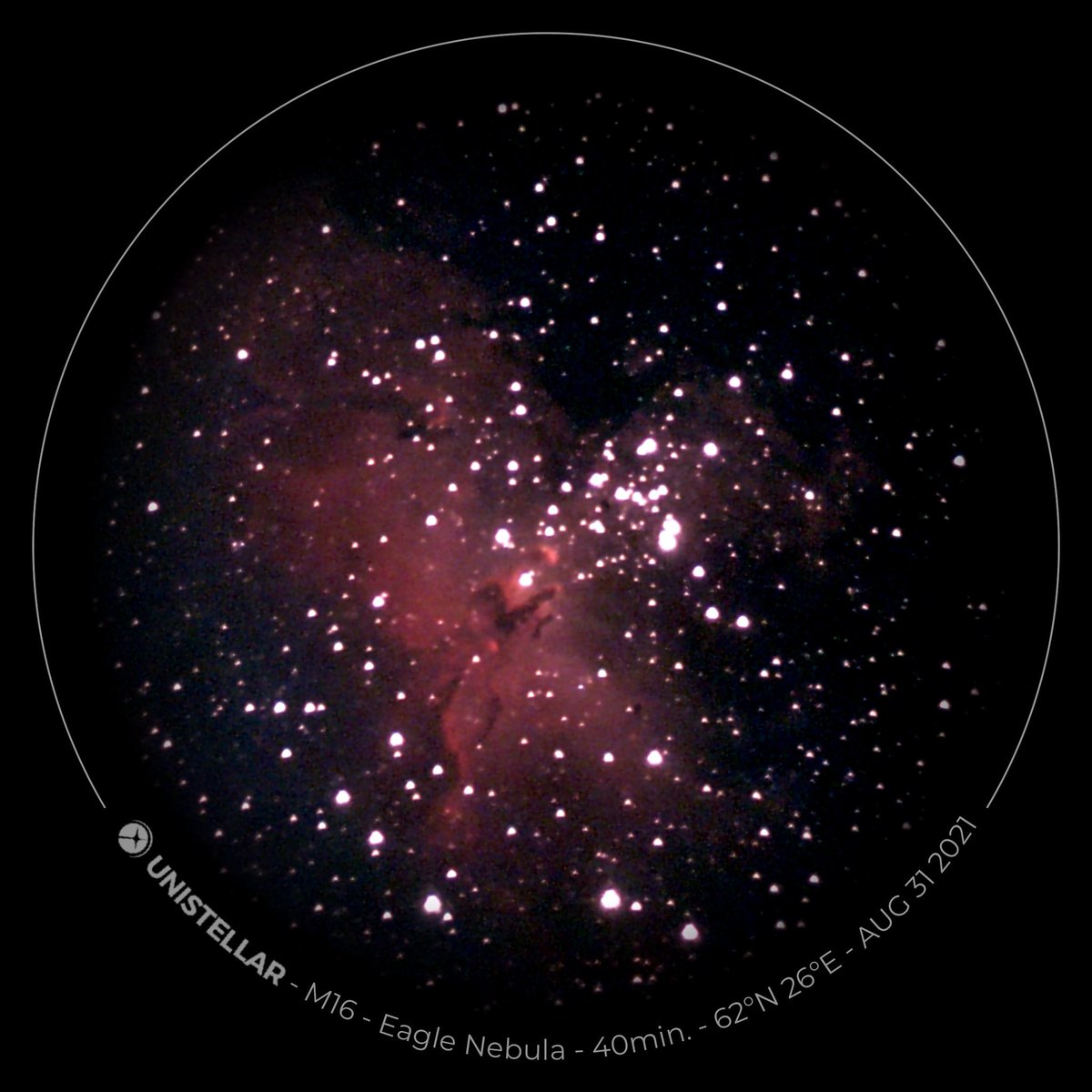 PetriTikkanen's tweet photo. #M16 and #Pilarsofcreation with #Unistellar #eVscope and #DGM #NPB filter.
40min exposure through city & highway light pollution, mist of lake & thin clouds. Altitude of target from horizon was just 11 degrees. Amazing #telescope !
#astronomy
#science
#space https://t.co/SnPOlupv0n