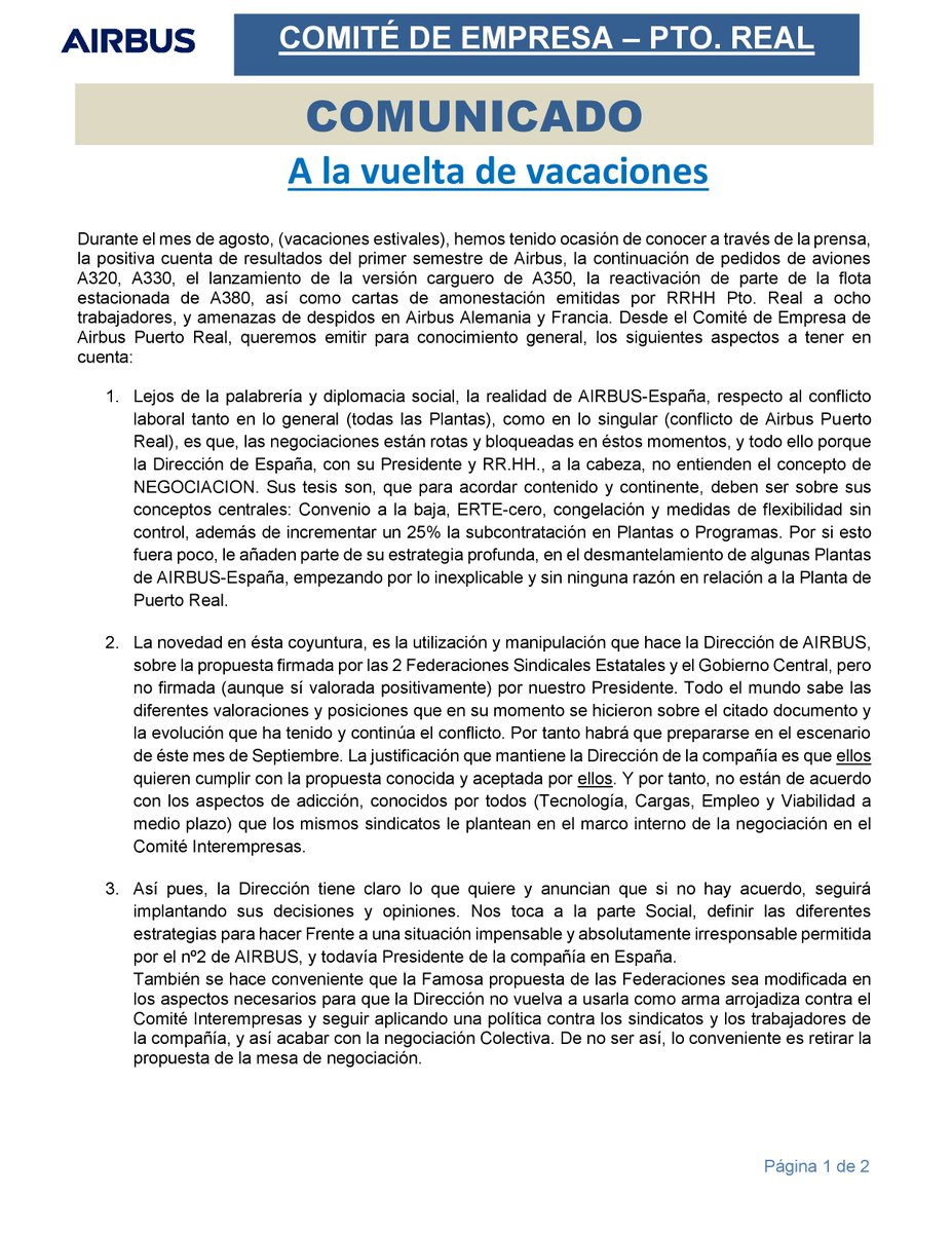 CCOOAirbus_PR's tweet photo. Nuevo comunicado del Comite de empresa Airbus Puerto Real despues de las vacaciones estivales. https://t.co/kTEO5lRrt0