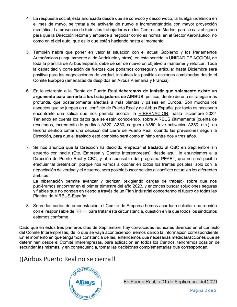 CCOOAirbus_PR's tweet photo. Nuevo comunicado del Comite de empresa Airbus Puerto Real despues de las vacaciones estivales. https://t.co/kTEO5lRrt0