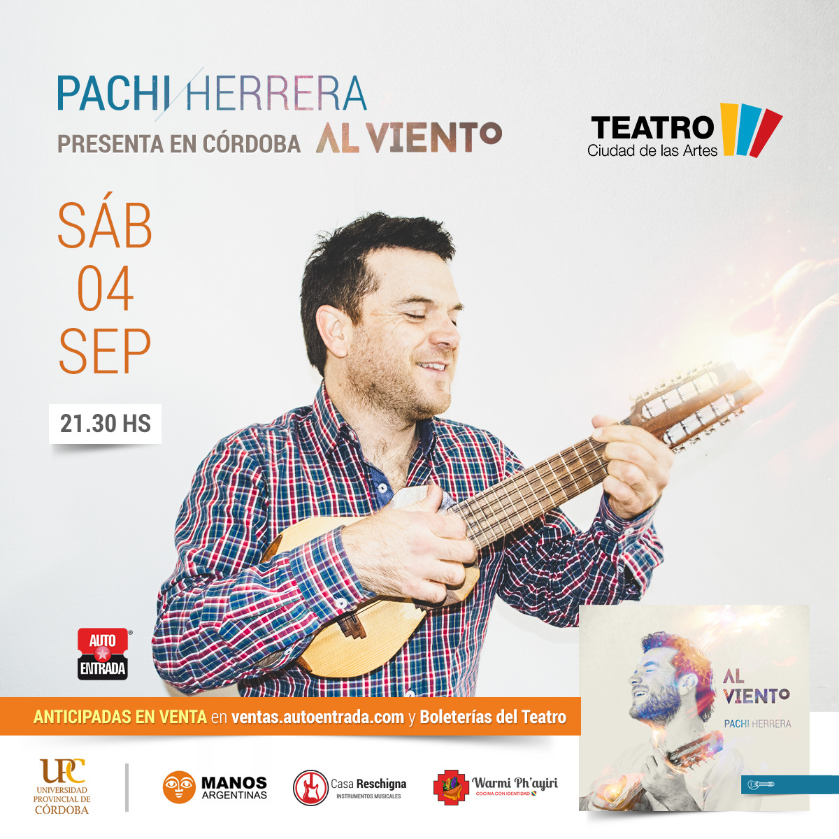 Falta poco para presentar el disco en Vivo en el <a href="/ciudadelasartes/">Ciudad de las Artes</a> 
Este sábado 4 de septiembre 21.30 hs te espero para compartir todas las canciones de "Al Viento" 
Ya podes buscar tu entrada en la boletería del teatro o por ventas.autoentrada.com/events/pachi-h…