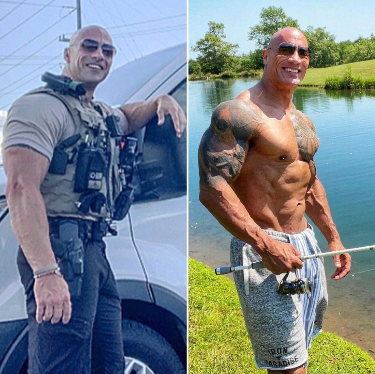 themix967's tweet image. Believe it or not, the guy on the left is NOT Dwayne Johnson. He&apos;s a cop named #EricFields who looks freakishly like #TheRock! 

And yes, many people have offered to be arrested without resist in his area 😂 ~Jay&amp;amp;Tori