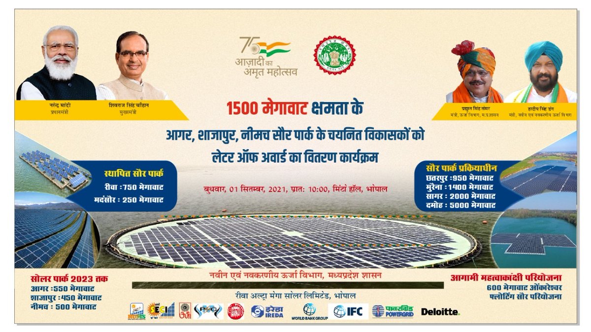 MPUVN_Bhopal's tweet photo. 1500 मेगावॉट क्षमता के आगर, शाजापुर, नीमच सौर पार्क के चयनित विकासकों को लेटर ऑफ अवार्ड का वितरण https://t.co/jbPWsw3qHB