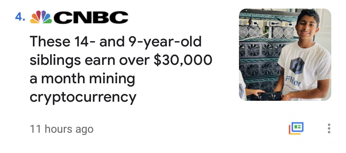 “These kids earn $30K/month mining crypto” - headline

… after their investment banker father took out a loan of $230-280K to buy graphics cards 

… plus paying $3K/month for electricity (“we want to be environmentally friendly” made me cringe)

Inspiring story right there.