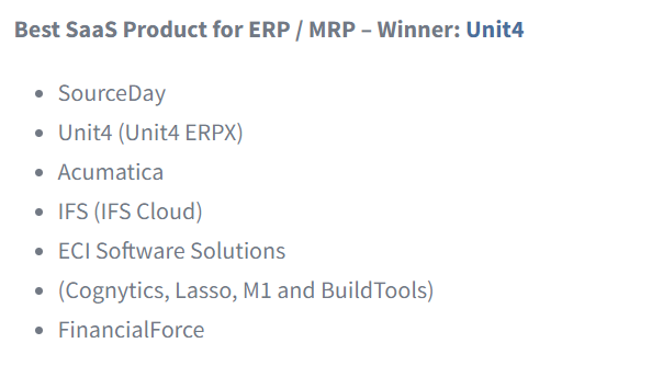 eniebles's tweet photo. Unit4 wins best SaaS product for ERP/MRP.  Proof ERPx reframes ERP for services-centric organizations. https://t.co/IUx7qMFB5r