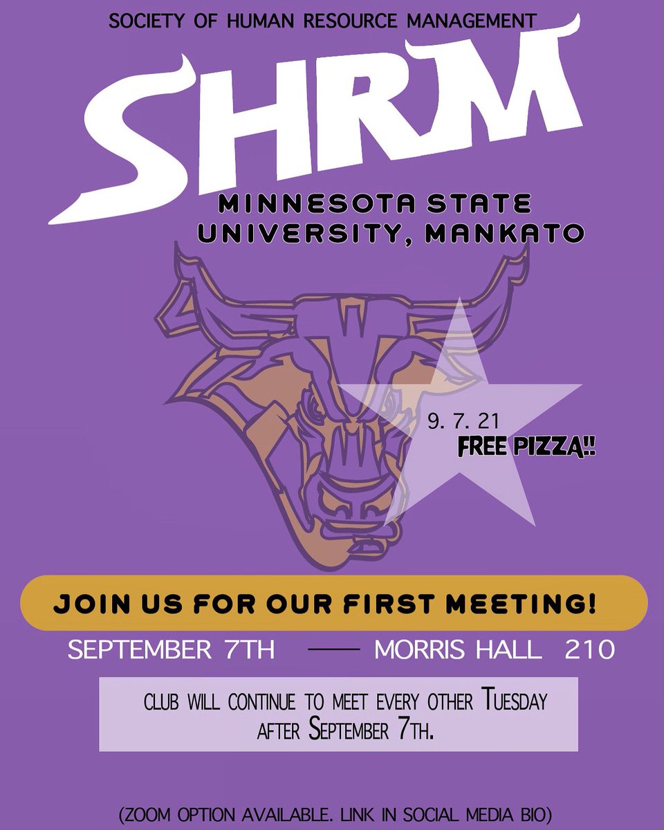 Join us for our first SHRM meeting!! ☆☆☆
⇒September 7th
⇒Morris Hall 210
⇒4:45pm-5:45pm

★★★Free Pizza!! ★★★
(Zoom option available, link in bio) 

Will continue to meet every other Tuesday after September 7th.