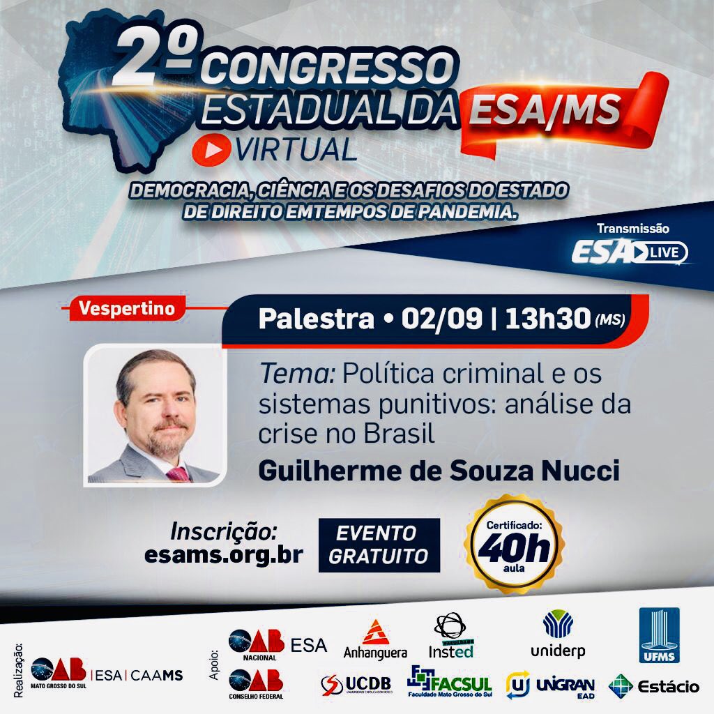 GSNUCCI's tweet photo. Dias 1, 2 e 3 de Setembro
Faça sua inscrição no site da ESAMS
https://t.co/m0k86RgtoS
NÃO PERCA!!!
#oabms #esams #caams #direito #advocacia #advogados #2congressodaesams #guilhermenucci https://t.co/OBQ12MxN9Z