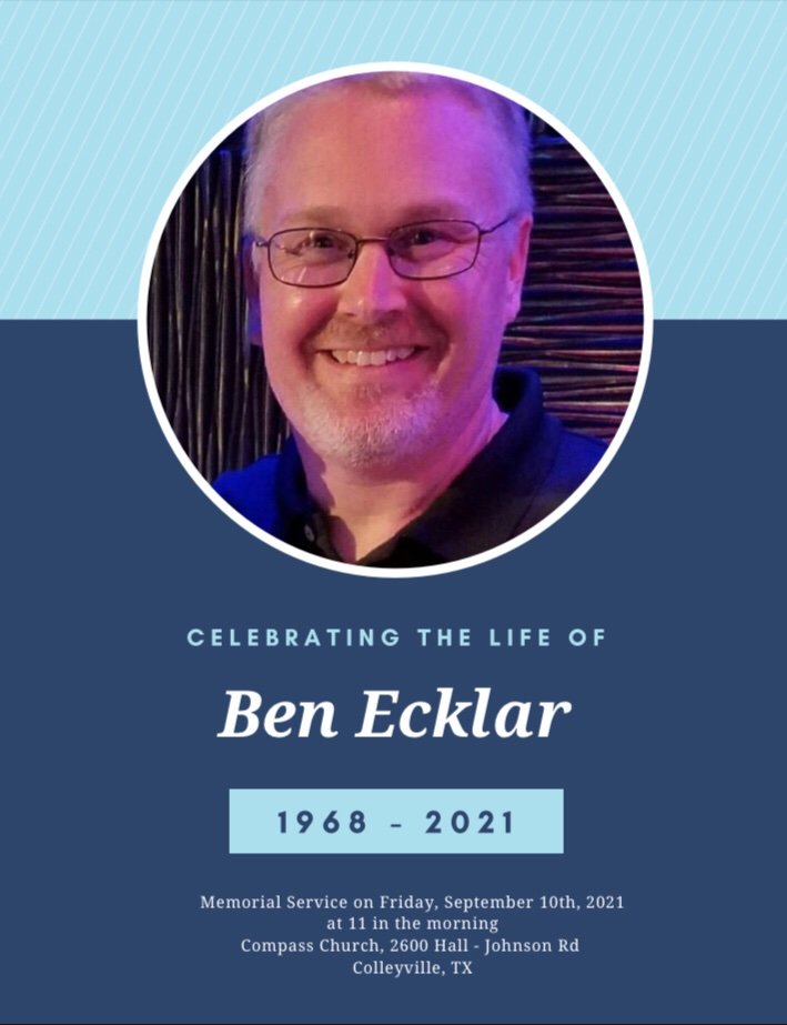 EcklarEddie's tweet photo. Date has been pushed back to the 10th due to time constraints, apologies for the inconvenience.

Memorial Service Friday, September 10th, 2021 at 11am Compass Church, 2600 Hall - Johnson Rd Colleyville, TX 

There will also be a Funeral Ceromony in Broken Arrow at a TBD Date. https://t.co/EQUo6SVxoC