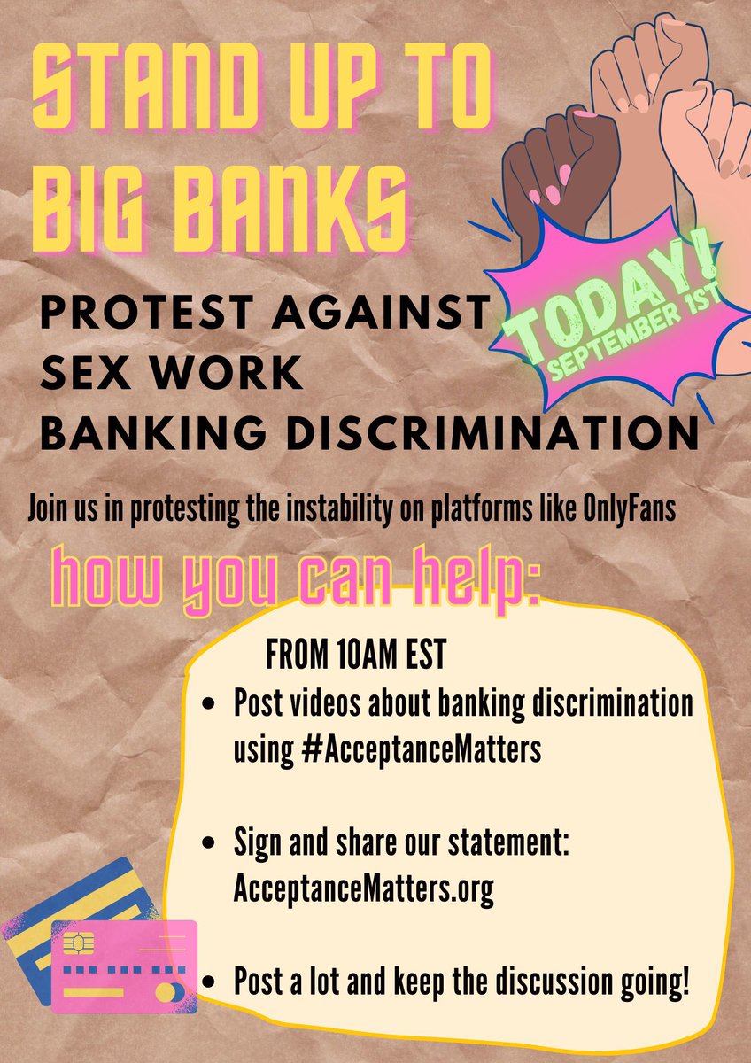 If you care about your freedom on the internet & the livelihoods of sex workers, help us get #acceptancematters trending and go to acceptancematters.org!

Most of us are shadowbanned, so using your accounts to post why YOU care about banking discrimination is a huge help!