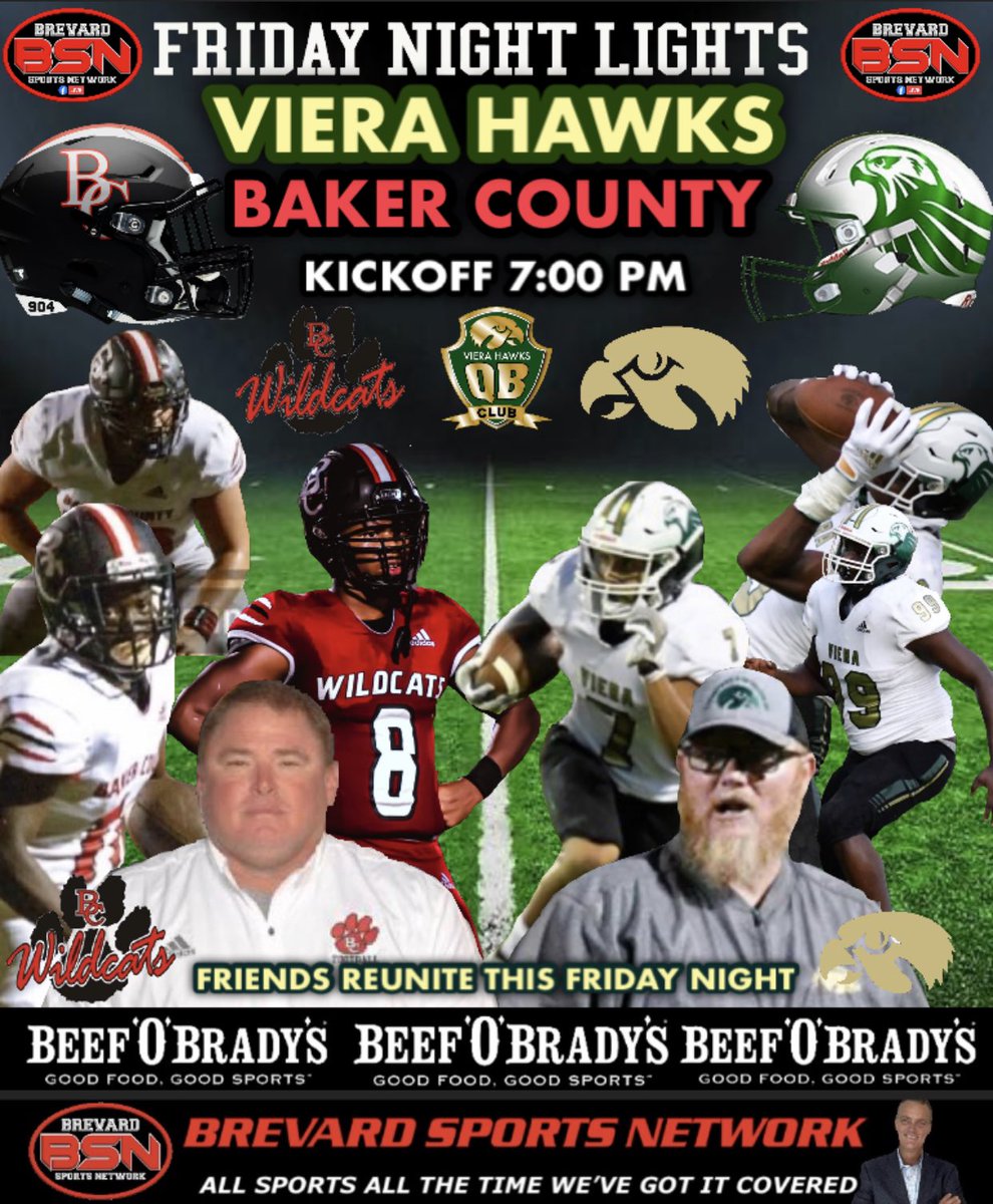 DOUBLEHEADER of #FRIDAYNIGHTFOOTBALL I’ll be on the call as the @VieraHawks travel to #BakerCounty to play the #WildCats…This will be fun as childhood friends meet up as head coaches. Former #VieraHawk head coach @Bigcoachmays faces his former team and friend @chowan6464