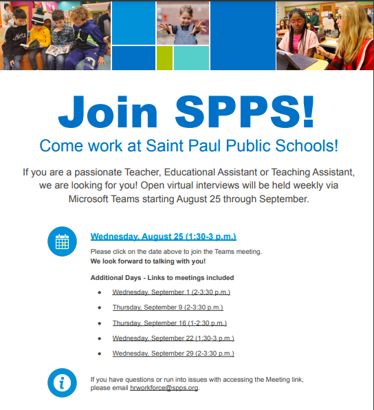 Did you hear the news?  <a href="/SPPS_News/">Saint Paul Public Schools</a> is hosting virtual interviews for Teachers, Educational Assistants and Teaching Assistants!   The Pre-K program would love to have you! Consider joining one of the virtual interview sessions! @MrRyanFell @GinaTheHeights <a href="/EcseSpps/">SPPS_ECSE</a>
