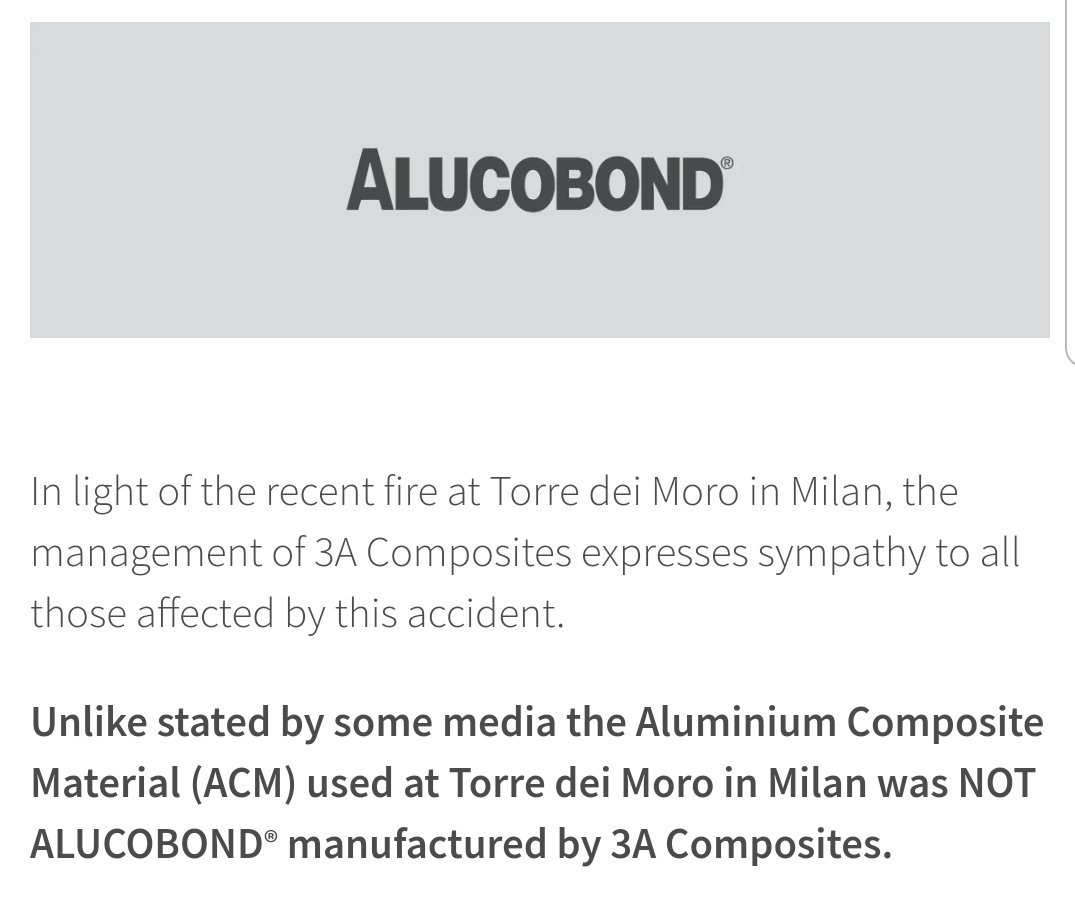 Alucobond have made stated on their website that it was not their ACM cladding involved in the #MilanFire.
alucobond.com/index.php/news…