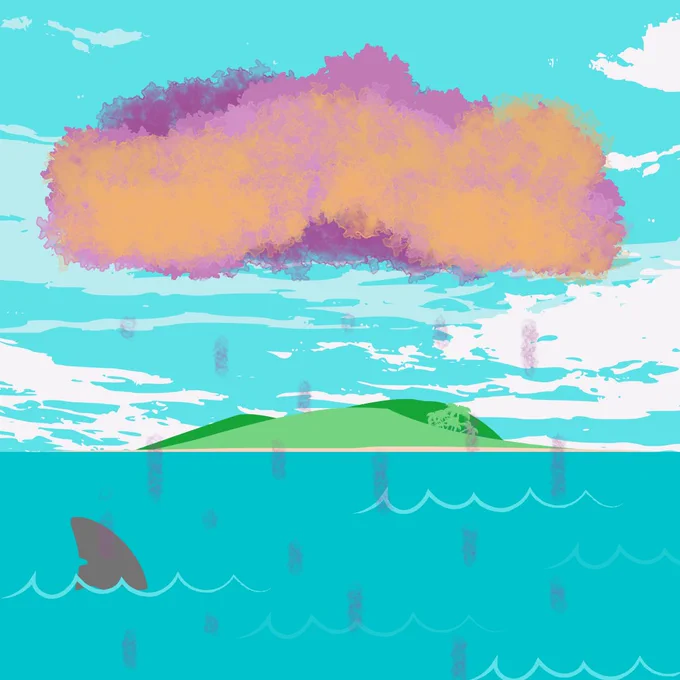 Teaser art for an IPM minisode. Features a seussically orange and pink raincloud obscuring... something... over an image of a distant beautiful island, blue sky, and water. A shark fin pokes up from the waves in the lower left.