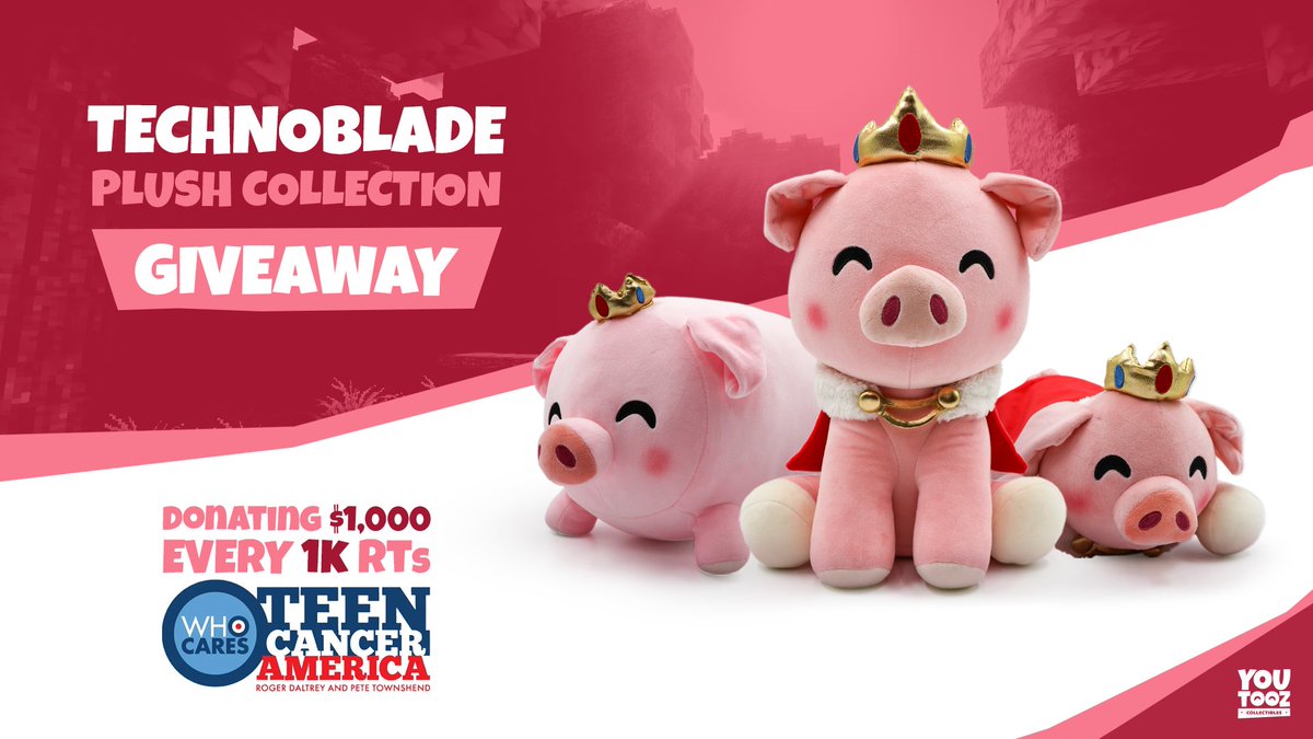 techno plushie giveaway! rt to enter 🐷 new winners every 5k rts until friday's drop we'll also be donating $1,000 per 1k rts to @TeenCancerUSA ❤️