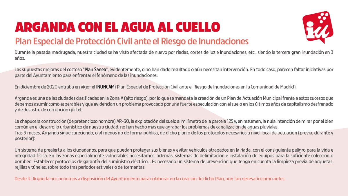 📢Hoy, de nuevo, nuestra localidad se ha visto afectada por riadas e inundaciones. Siendo la tercera vez, en los últimos años, que esto ocurre. Recordamos que Arganda está catalogada como Zona A (alto riesgo) en el INUCAM desde su entrada en vigor en diciembre de 2020

#Arganda
