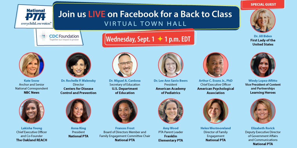 Today, First Lady Dr. Jill Biden will be joining our "Back to Class Virtual Town Hall" at 1PM EDT live on our Facebook page! Facebook.com/ParentTeacherA…

Dr. Biden joins our all-star lineup of experts to give the information you need to have a successful and safe school year.