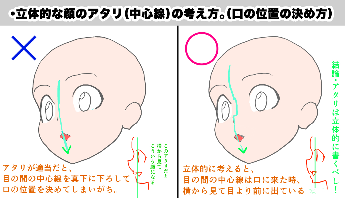 「顔を描くときのアタリ(中心線)の引き方」
ずっと曖昧だったけど、少し理解できたので共有。

・特に下から見上げたとき、立体的な顔を描きたいなら顔の中心線も立体的に描くべし。
直線だとあまり意味なし。

口がある位置は目の位置より前に出ている。
これに気づかず長年口の位置が曖昧だった… 