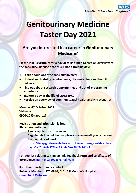 Calling all FYs and IMTs considering training in Genito-Urinary Medicine - join a free virtual taster day on Monday 4th October. Registration is free but places are limited, sign up here: lasepgmdeevents.hee.nhs.uk/events/regiona…

@STASHH_UK @BASHH_UK @BritishHIVAssoc 
#sexualhealth #chooseGUM