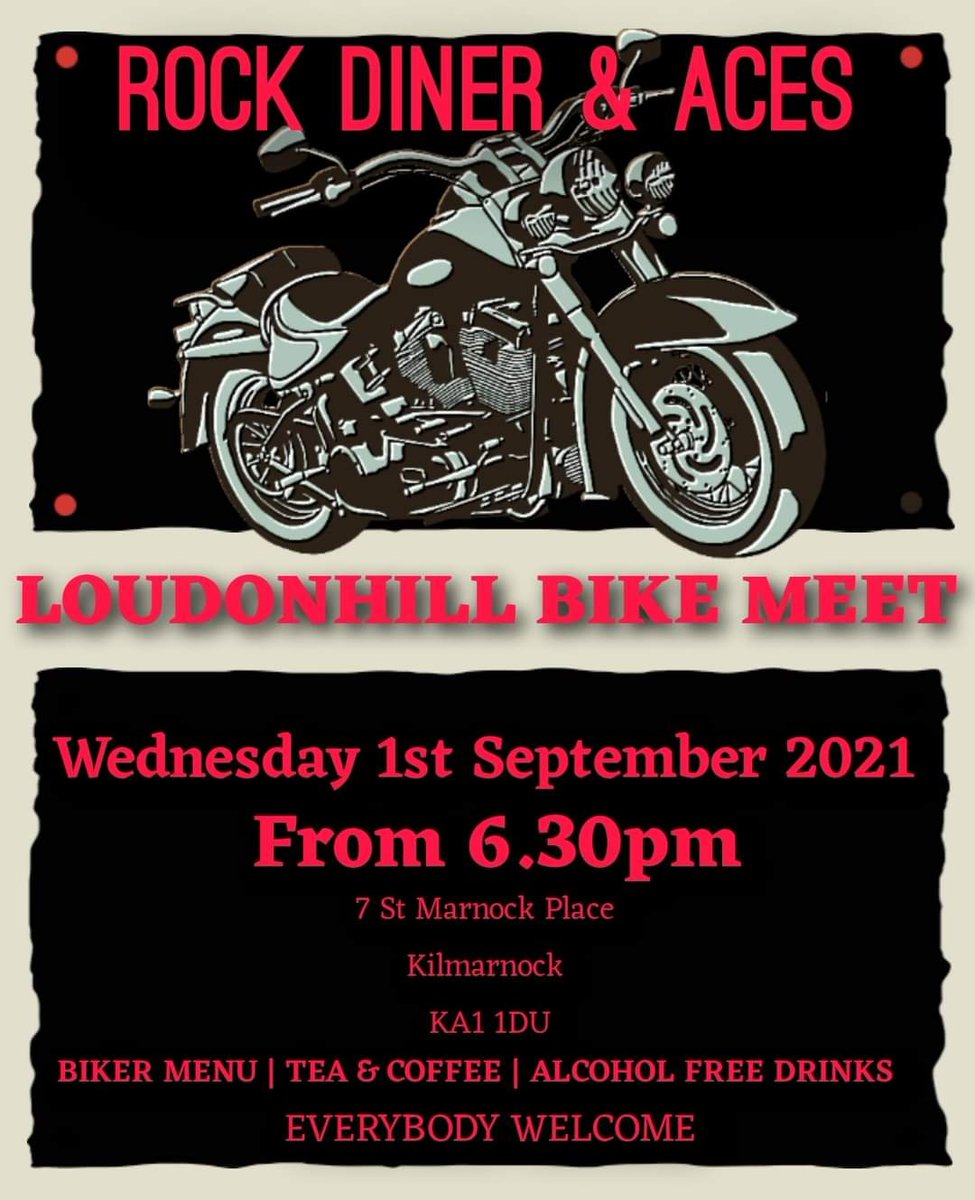 Sun's out, get the bikes out and join us tonight for the long awaited return of the Loudonhill Bile Meet at Rock Diner and Aces. Kicking off from 6.30pm. Biker menu and alcohol free drinks available. Free tea and coffee.