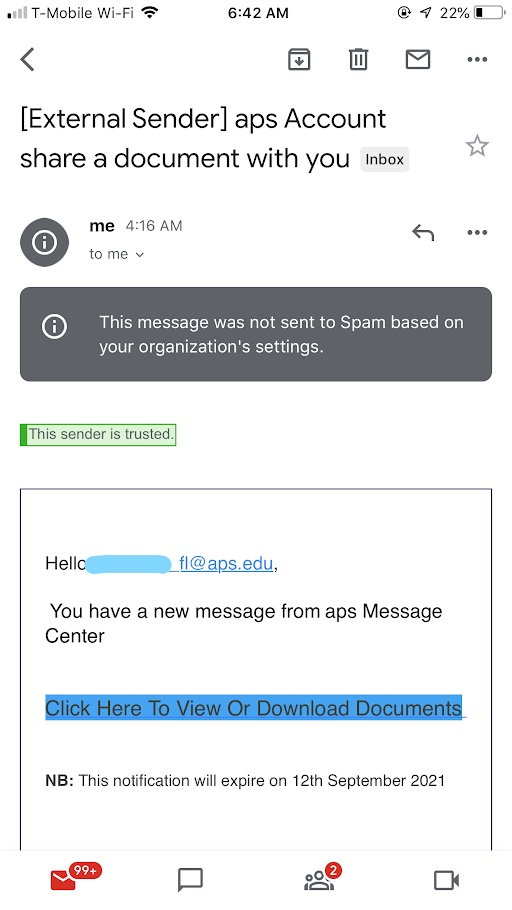 If you receive this email, please delete it.  Do not click on the link.