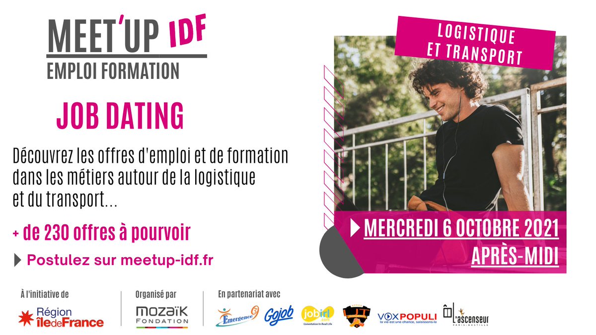 📢 [JOB-DATING AUTOUR DES MÉTIERS DE LA LOGISTIQUE ET DU TRANSPORT] 🚅🚛

👉 Vous avez entre 16 et 30 ans, vous avez un niveau inférieur au bac et vous habitez en Île-de-France ?

➡️ + de 230 offres sont à pourvoir : meetup-idf.fr 

#emploi #formation #inclusion
