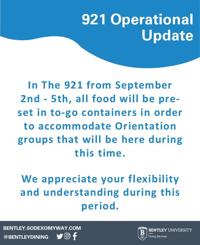Hi Falcons!
In The 921 from September 2nd to the 5th all food will be pre-set in to-go containers in order to accommodate Orientation groups that will be here during this time.

We appreciate your flexibility and understanding during this period.