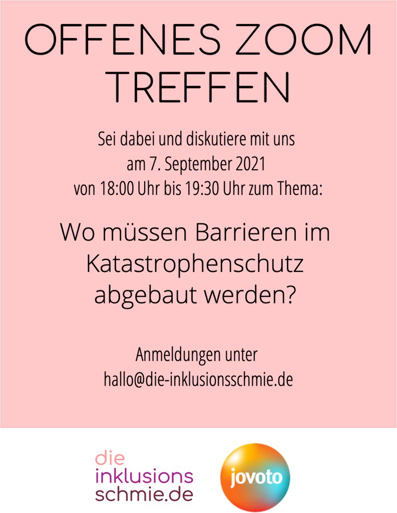 Nächste Woche findet unser offenes Zoom Treffen statt. Sei dabei und diskutiere in einer diversen Gruppe zum Thema „Barrierefreiheit im Katastrophenschutz“. #barrierefreiheit #Inklusion