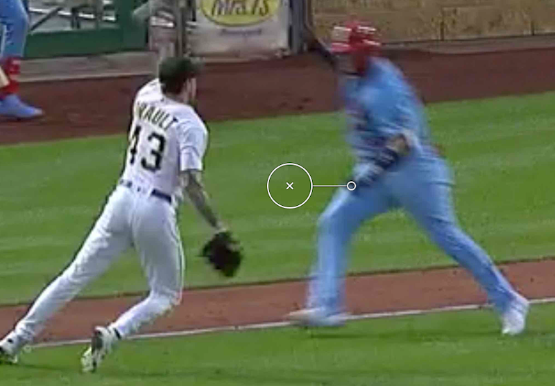 thinkpitch's tweet photo. Yadier Molina is a smart player and sometimes pushes the rules envelope to help his team win. On this play he appears to wave his hand in front of a fielder making a throw. Is this interference? Did the umpires miss this call? #howdoyouseeit https://t.co/3n4qEqsPco https://t.co/rfO11tVjx8