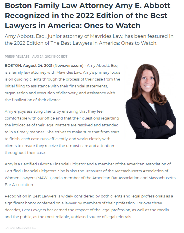We are proud to announce that Amy Abbott, junior attorney of Mavrides Law has been recognized in the the 2022 Edition of Best Lawyers: Ones to Watch! Great work, Amy!

#MavridesLaw #BostonLawFirm #Divorce #FamilyLaw #WomenInLaw #TopLawyers #OnesToWatch