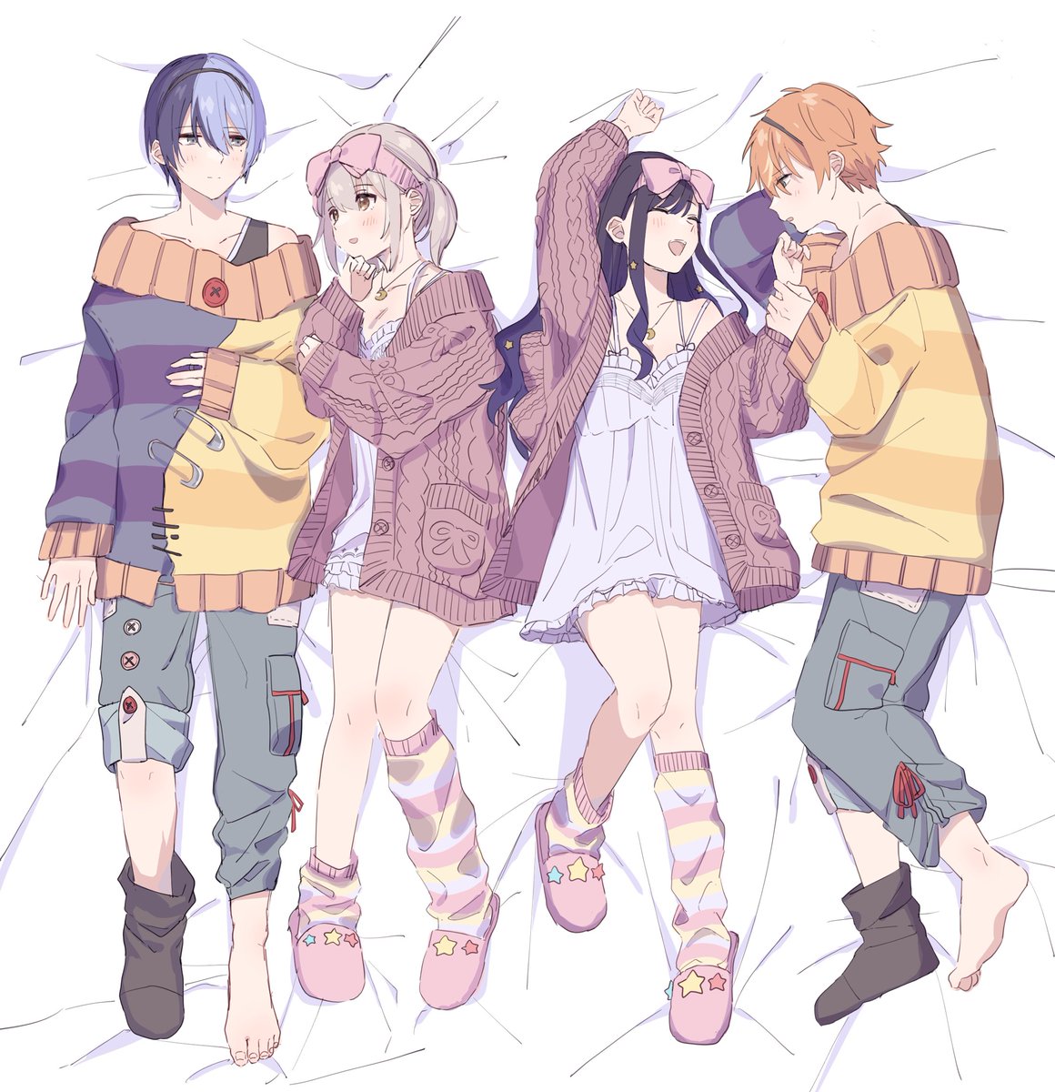 multiple girls socks pants necklace cardigan slippers orange hair  illustration images